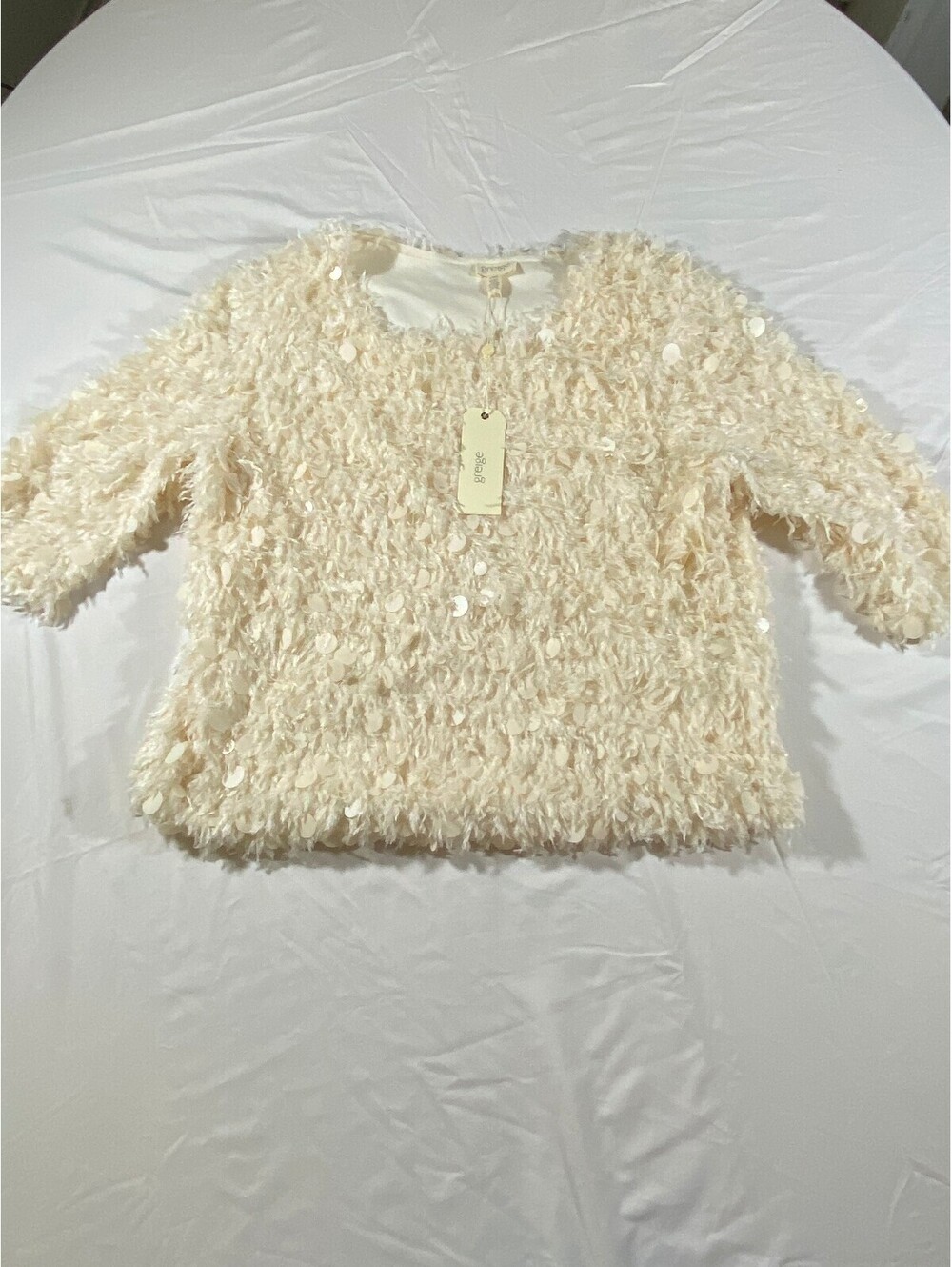 Greige Womens Large Ivory Eyelash Sequin Open Front Cardigan Sweater NWT